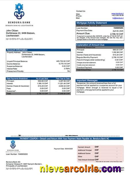 Liechtenstein Bendura Bank AG mortgage statement Word and PDF template